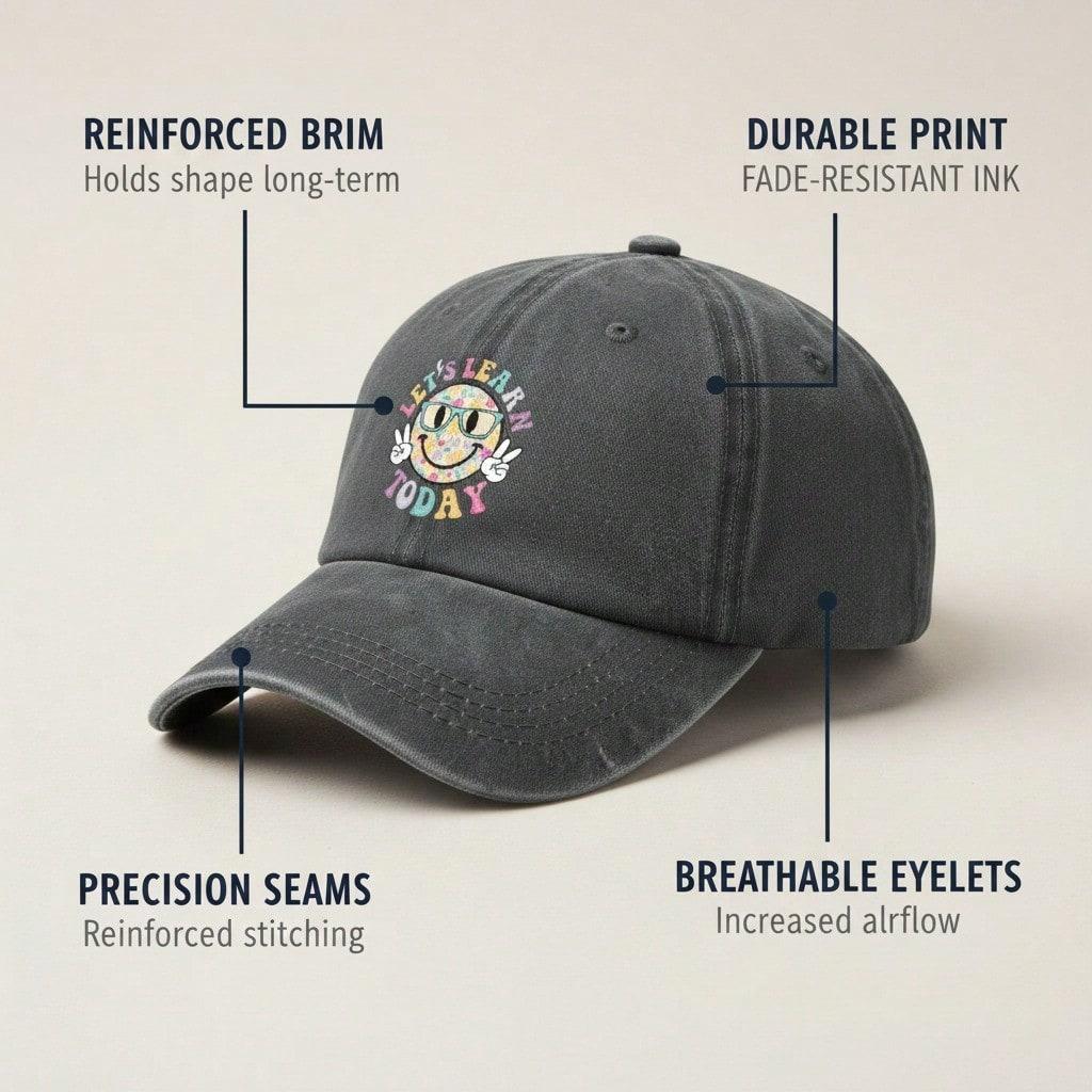 [Retro Baseball Cap] Let's Learn Today Print Unisex Adjustable Polyester Soft Fabric Casual Daily Wear Baseball Hat -  Teacher Gift