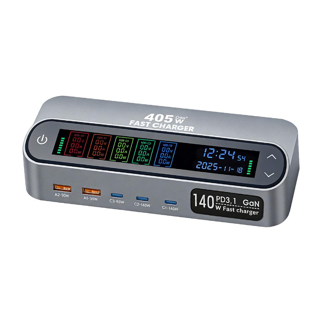 Fast Charger Station With Color Screen Display And 65W Retractable Cable Supports Multiple Devices Simultaneous Charging