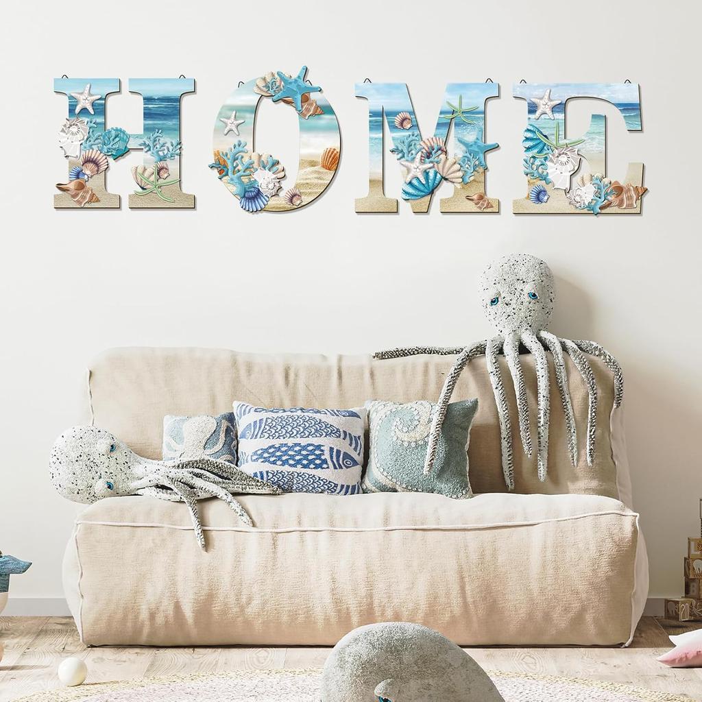 4 Pcs Wood Home Sign Coastal Beach Wall Decor Beach Style Signs Blue Starfish and Shell Wall Decor Beach Theme Sign for Home Letters Hanging Wall