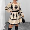 High-Waisted Long-Sleeve Round Neck Puff Sleeve Printed Dress for Women