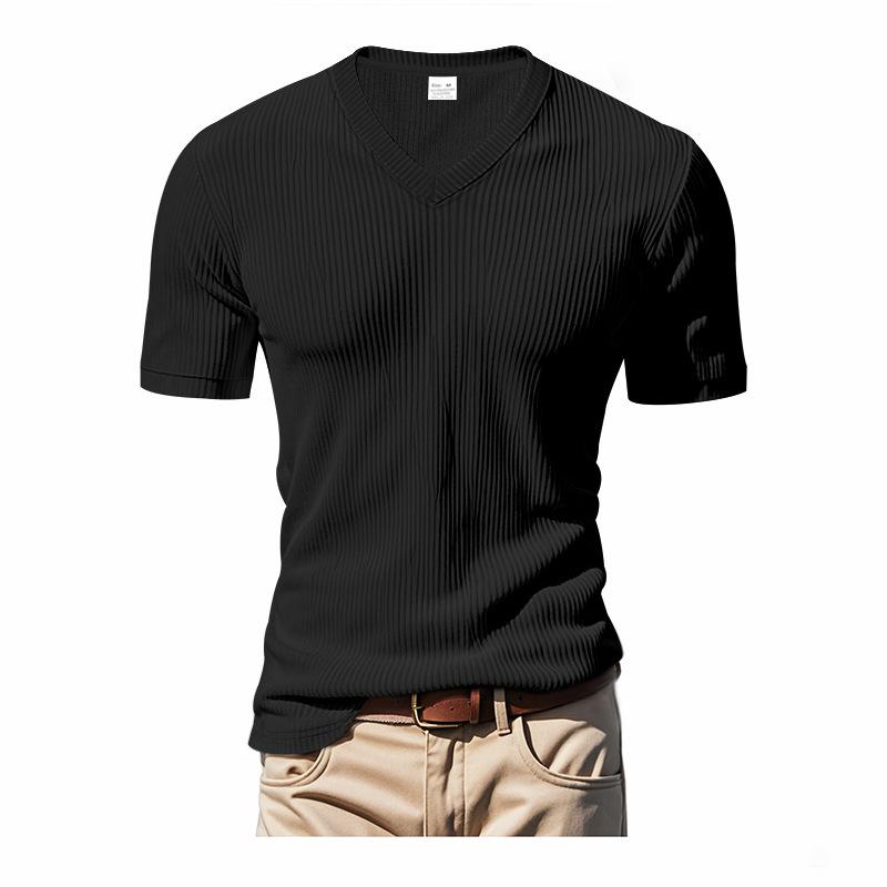 Men's Knit Tshirt Solid Color Short-Sleeved V-neck Slim Fit Casual Summer Basic Tee
