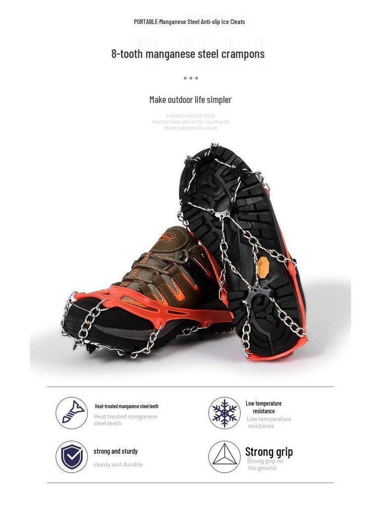 Crampones Reforzados con Bolsa de Almacenamiento: Cubrezapatos Antideslizantes de Látex Duraderos de 8 Dientes para Superficies Lluviosas, Rocosas y Nevadas.