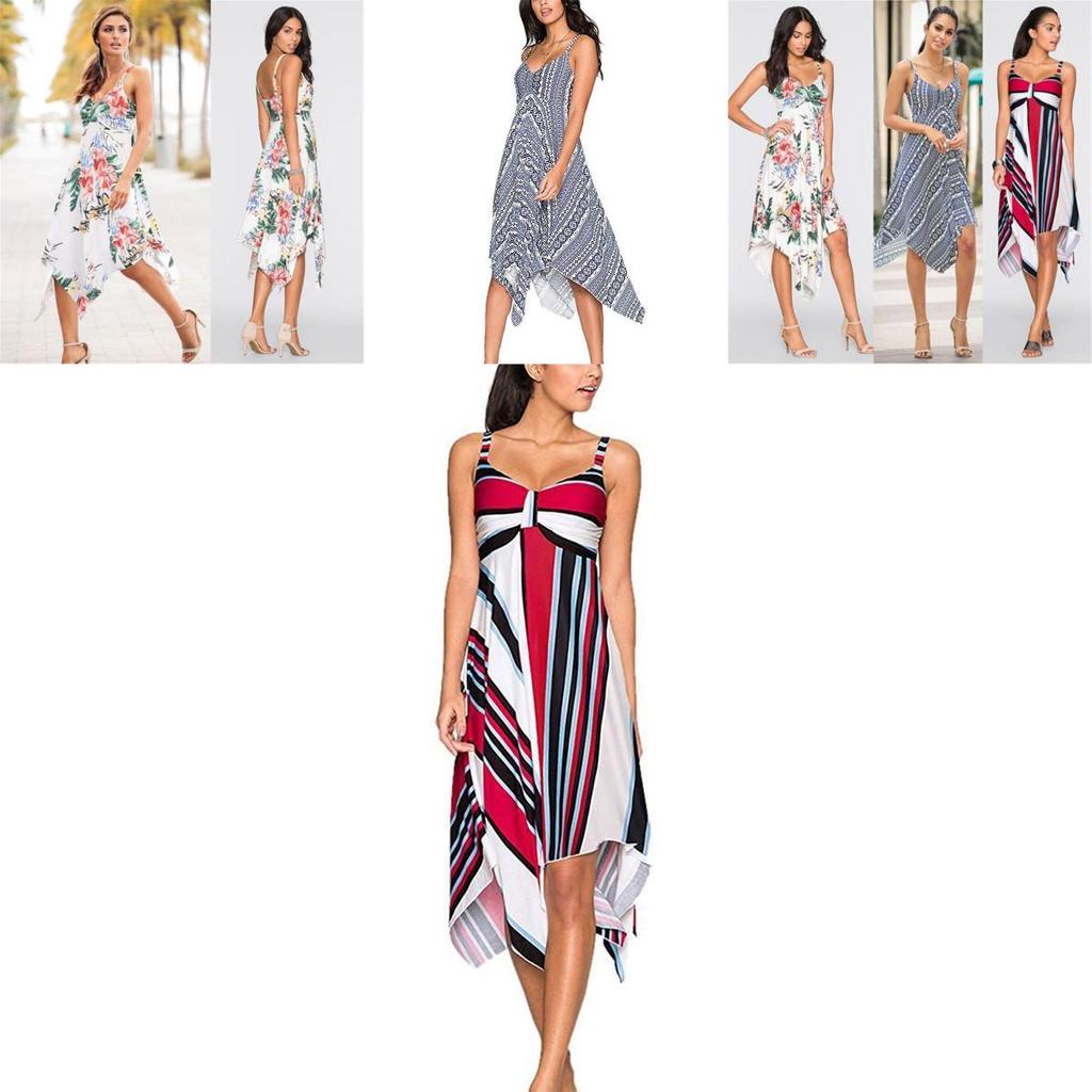 Fashion Summer Womens Sleeveless Vneck Dress With Irregular Printing And Strap Details