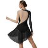 Womens Figure Skating Costume Rhinestone Mesh Long Sleeve Chest Pleats Irregular Hem Bodysuit Dress