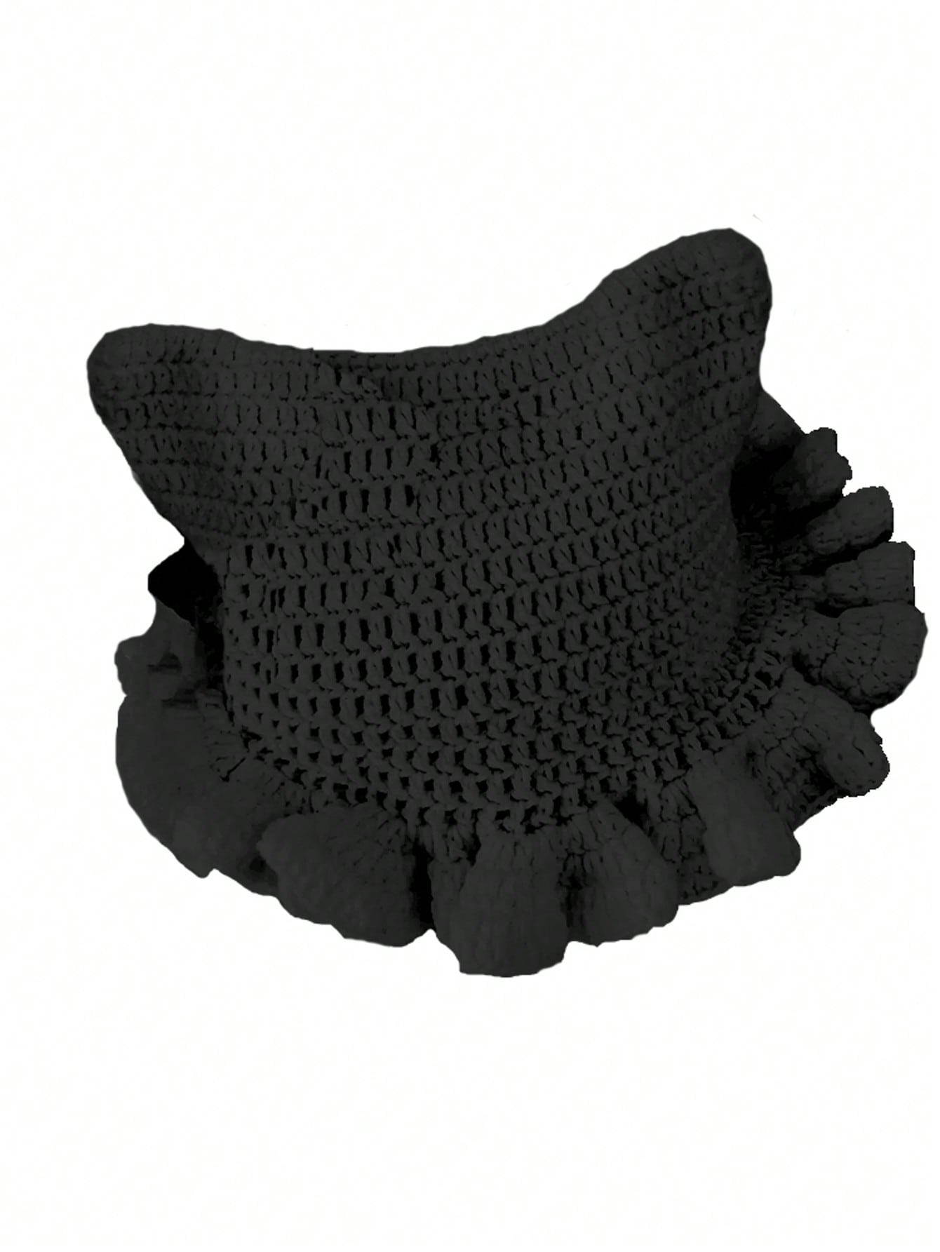 

Cute Hand-Knitted Bow Cartoon Cat Ear Cap Warm Pullover with Pleated Edge in Solid Color for Autumn Winter Y2k Style