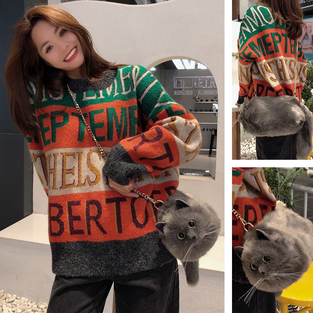 [HUIJUFU] Women's Realistic Fluffy Plush Cat Crossbody Bag (Large Blue Cat)