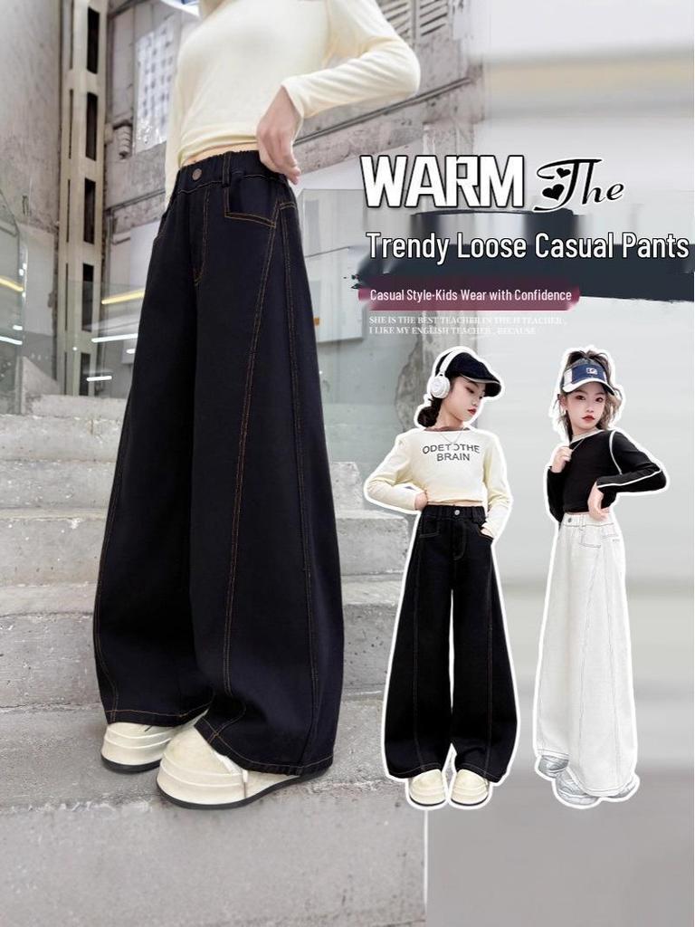 Girls' Wide-Leg Jeans - Fashionable Autumn Scimitar Pants for Middle Schoolers.