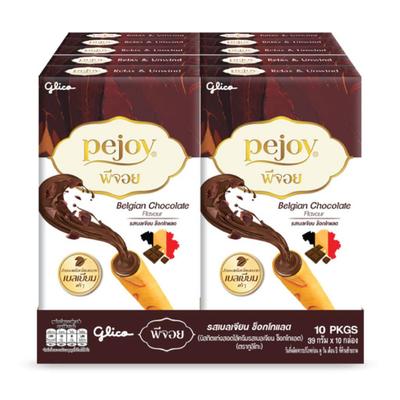 Glico Pocky Pejoy Belgian Chocolate Taste, Cookie Stick with Chocolate Taste Cream, 39 G. X 10 Pcs - Thai Snack