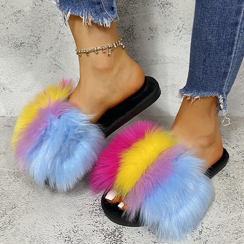 Fashion Fashion Mix Color Fluffy Fur Slippers for Women Winter Warm Cozy Indoor House Shoes Woman Open Toe Non Slip Plush Floor Slippers
