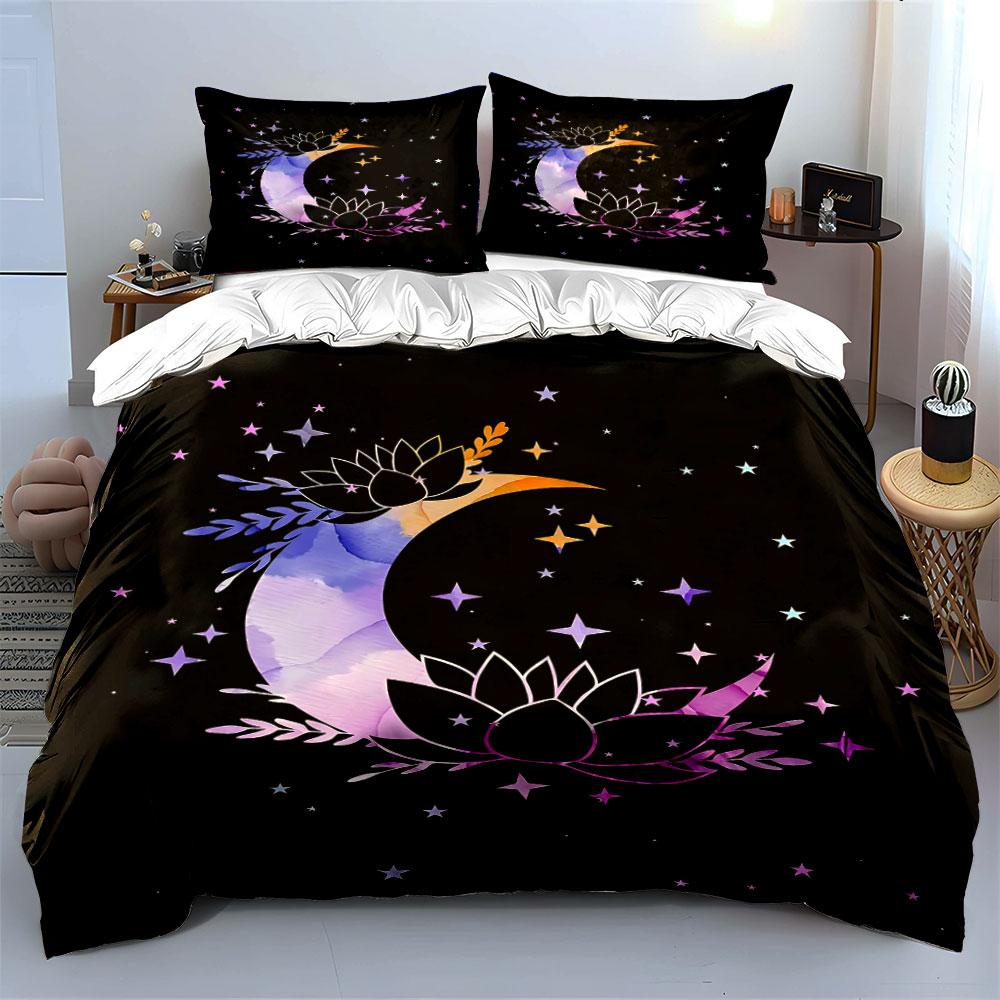 Moon and Lotus Starry Bedding Set Bedding Duvet Cover Set Duvet Cover Pillowcases  (1 * Duvet Cover 2 * Pillowcases, Without Duvet Insert)