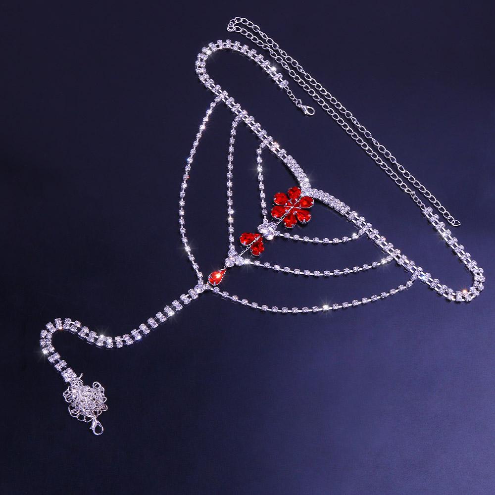 Stonefans Fashion Red Flower Rhinestone Thong Panties Bikinis Set Women's Jewelry Luxury Belly Chains for Waist Bikinis Party