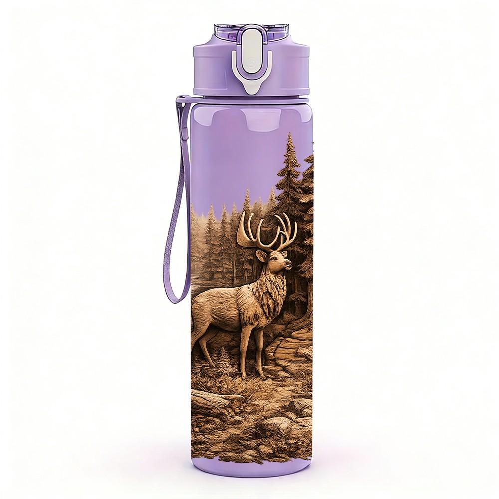 1PC Deer Pine Forest Wood Carving Style Print 750ml Color Plastic Sports Water Bottle Leakproof Flip Straw Lid Suitable for Sports Office Home Use