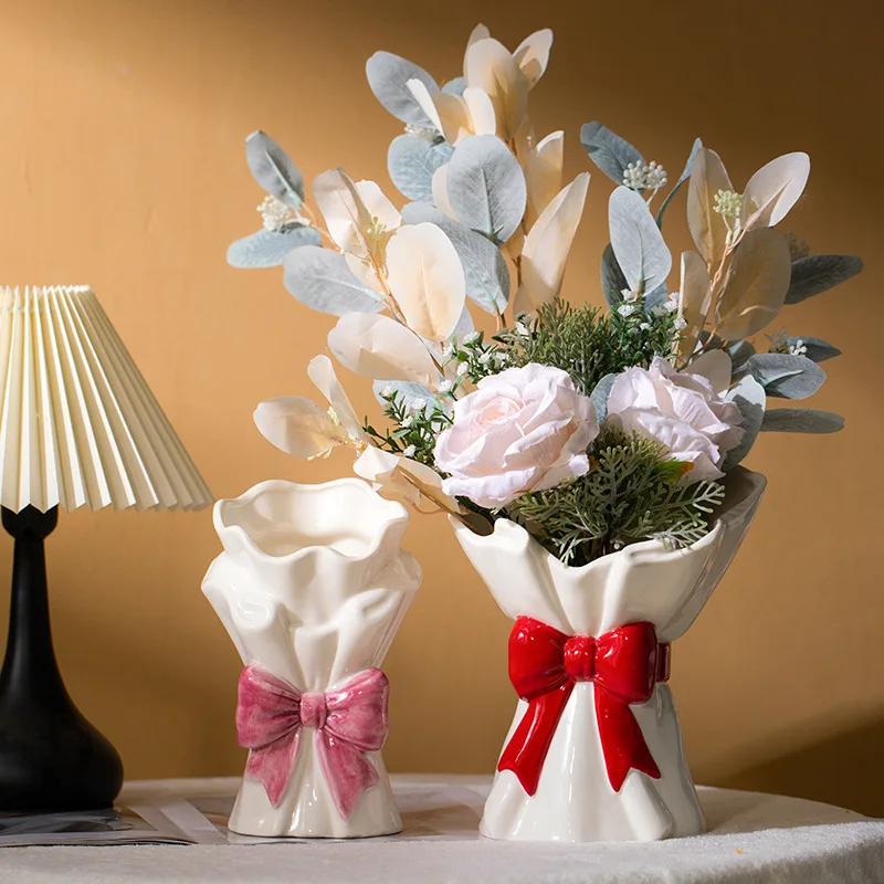 Ceramic Vase Bow Tie Bouquet Flower Vase Bouquet Arrangement Terrarium Accessories Ceramic Handicrafts Home Decoration