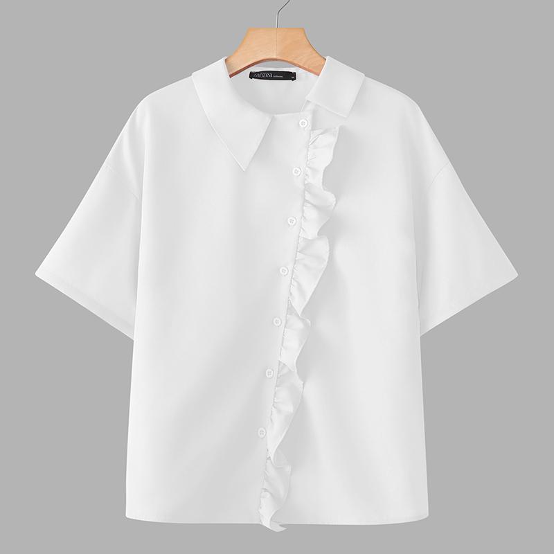 ZANZEA Women Casual Turn Down Collar Short Sleeve Loose Blouse