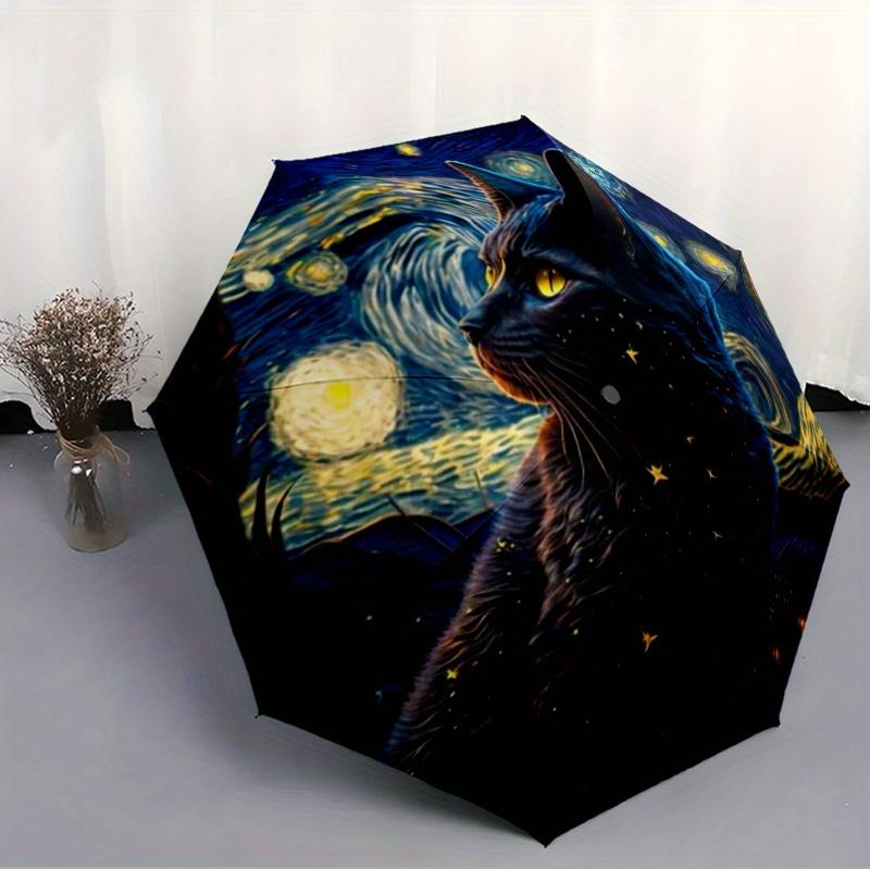 Starry Night Cat Umbrella - Automatic Folding, 8-Rib Durable Design, Vibrant Cosmic Art Print, Perfect Holiday Gift, Holiday G