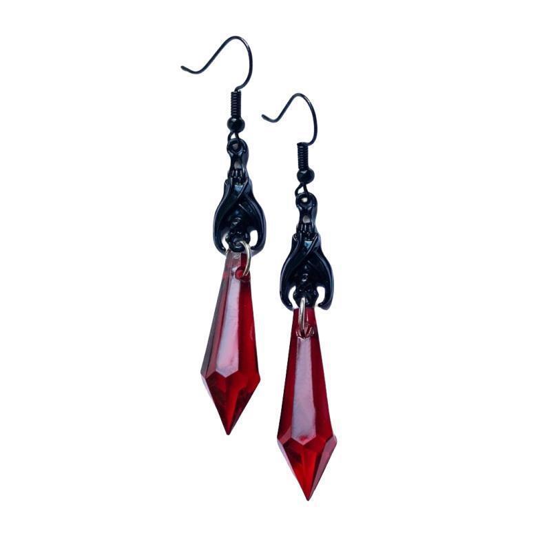 Gothic Black Bat Earrings with Red Teardrop