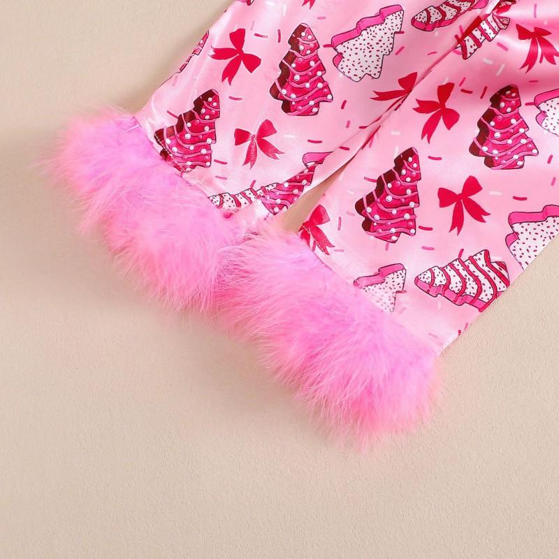 Girls Christmas Bow Print Pajama Set Long Sleeve Pants Soft Homewear Kids 3-8 Years