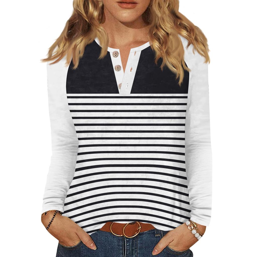 Women's T Shirt Print Button Long Sleeve Daily Weekend Fashion Basic V- Neck Regular Top