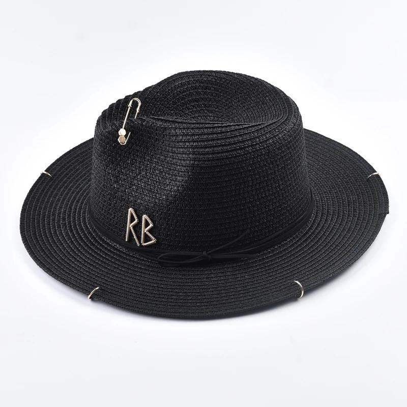 2025 Fashionable Metal RB Letter Denim Straw Hats for Women Men Summer Panaman Jazz Hat Outdoor Holidays Beach Sun Hat Wholesale