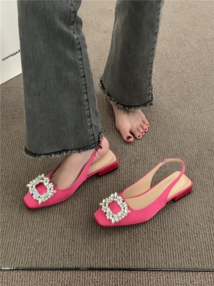 High Heel Sandals Thick Heeled Women's 2024 Summer New Square Button Rhinestone Fairy Style French Square Toe Single Shoes