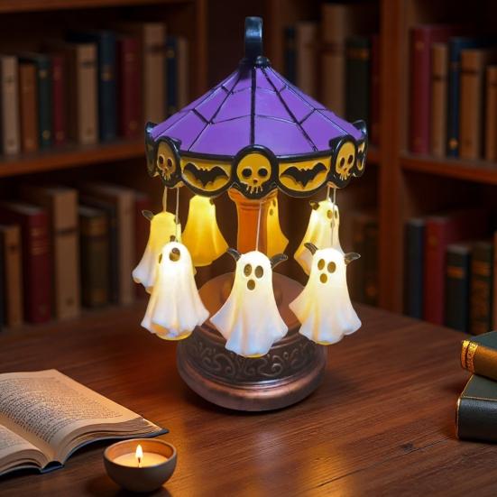 Ghostly Carousel Night Light Halloween Light Up Ghost Night Lamp Festive Atmosphere Spooky Lamp Decor for Bedroom