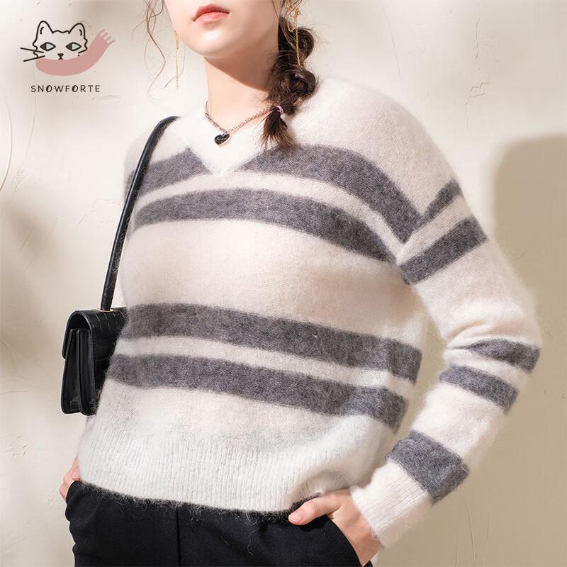 Sinoford Damen Herbst/Winter V-Ausschnitt Gestreifter Locker Gestrickter Wollpullover S21-002