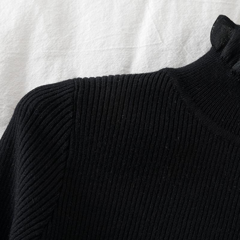 Koreanischer Mesh-Spleiß-Pullover Langarm Elastisch Weiße Oberteile Damen Herbst Winter Kleidung Slim Strick Weicher Pullover Knopf Halber Rollkragenpullover