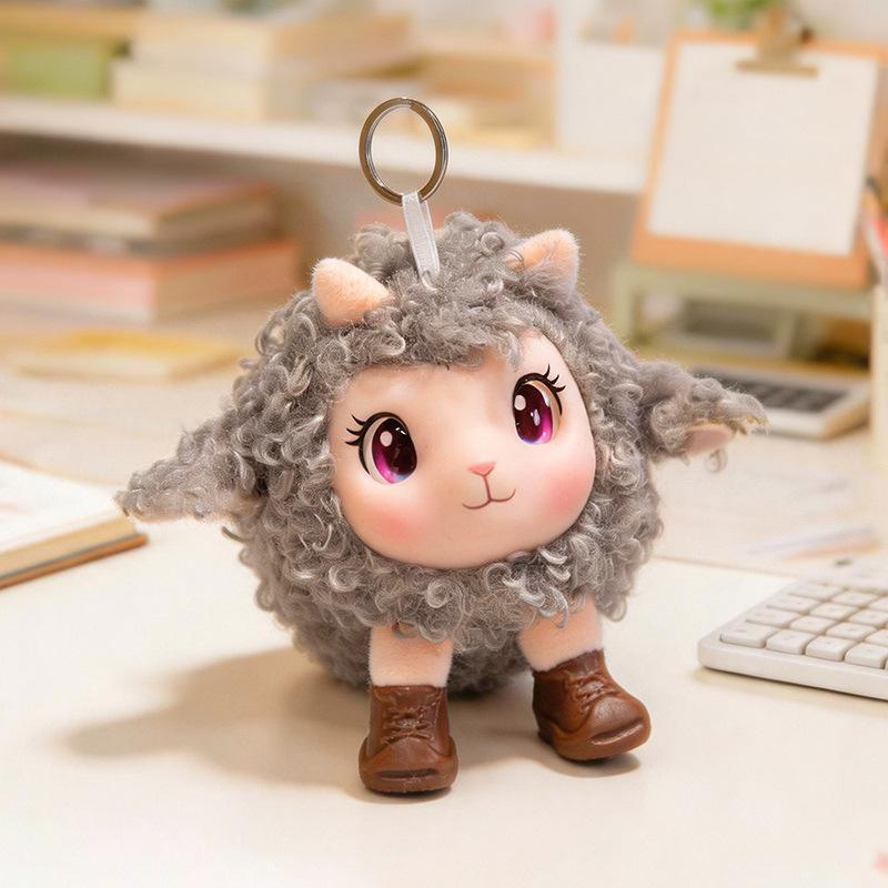 Cute Vinyl Face Plush Sheep Keychain Bag Charm Zoo Animal Doll Pendant Soft Stuffed Toy Accessory