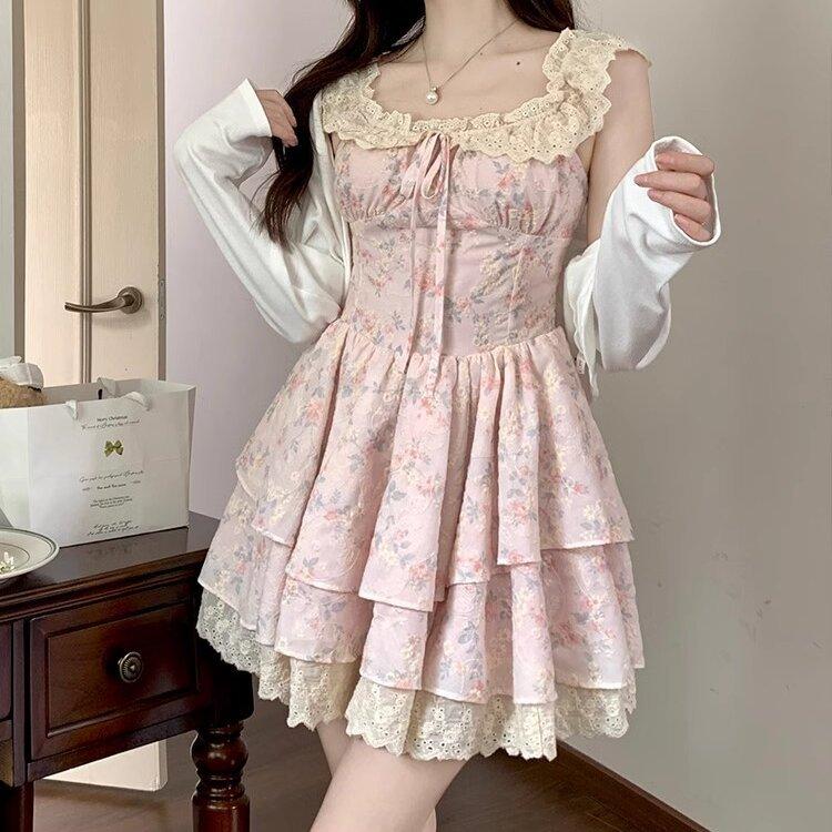 Sweet Spice Girl Small Flying Sleeve Floral Dress Female Summer Small Man First Love Princess Cake Dress Waist Fluffy Dress