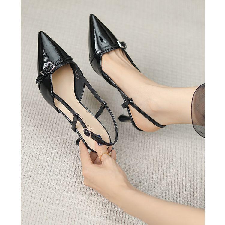 

Small size 313233 back hollow toe high heels sandals spring and summer new French pumps black pointed toe shoes 34