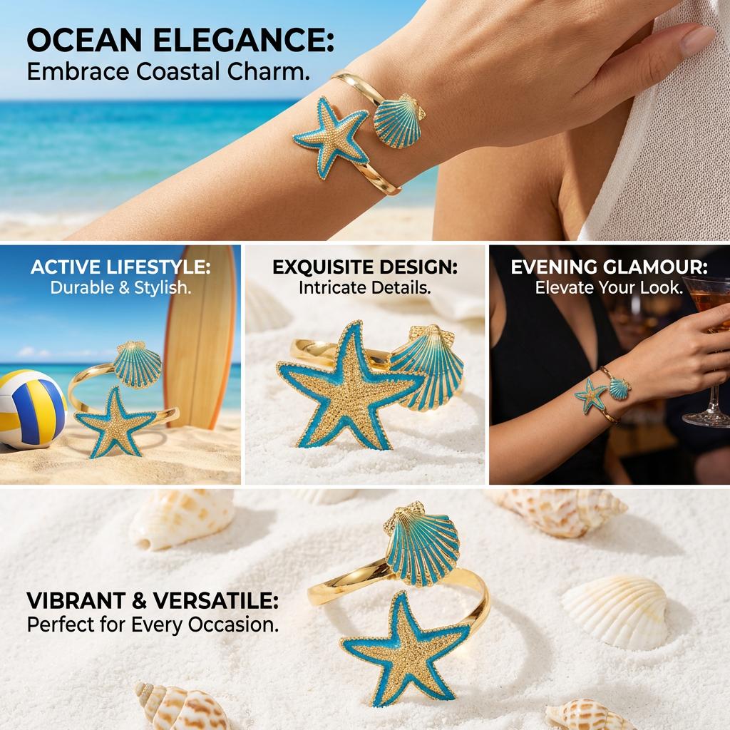 Exaggerated Starfish Shell Open Bracelet for Women Trendy Gold Color Metal Blue Enamel Marine Bracelet Beach Vacation Jewelry