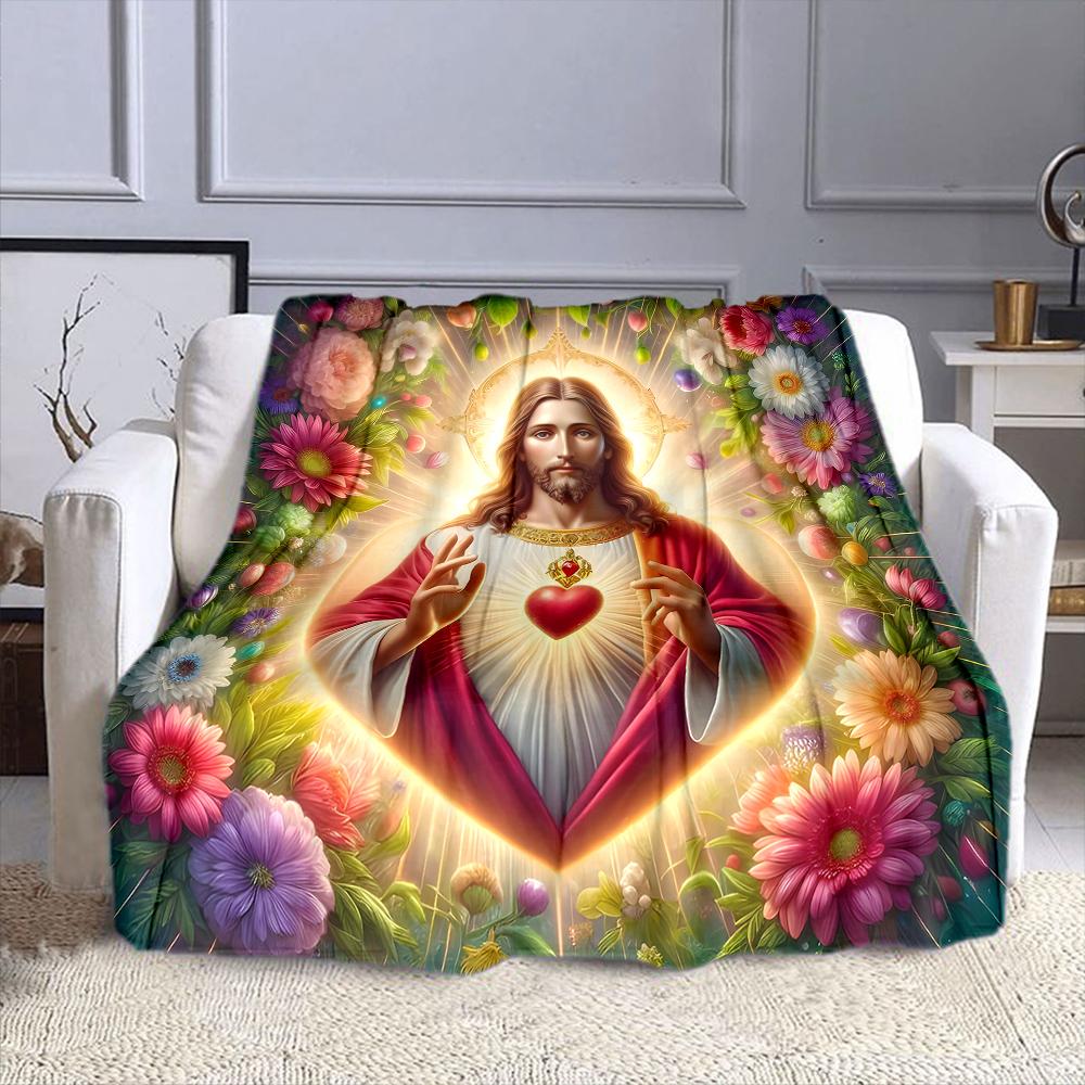 "Jesus Sacred Heart with Floral Frame" Patterned flannel blanket perfect for the bedroom living room, sofa, or a little nap