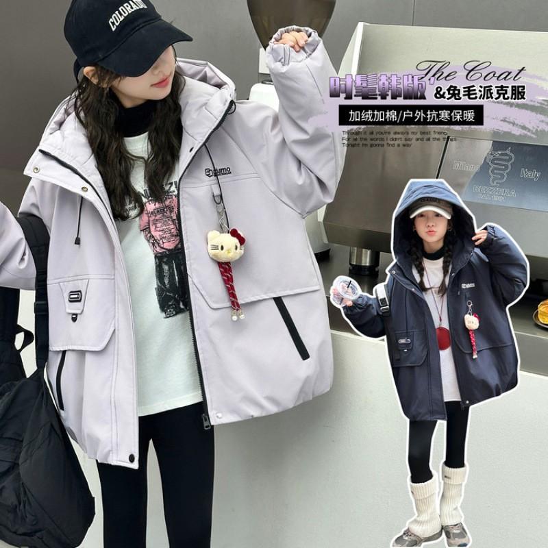 Girls Winter Hooded Puffer Coat Thick Fleece Lined Cargo Style Kids Casual Outerwear Size 120-170cm Navy Pink