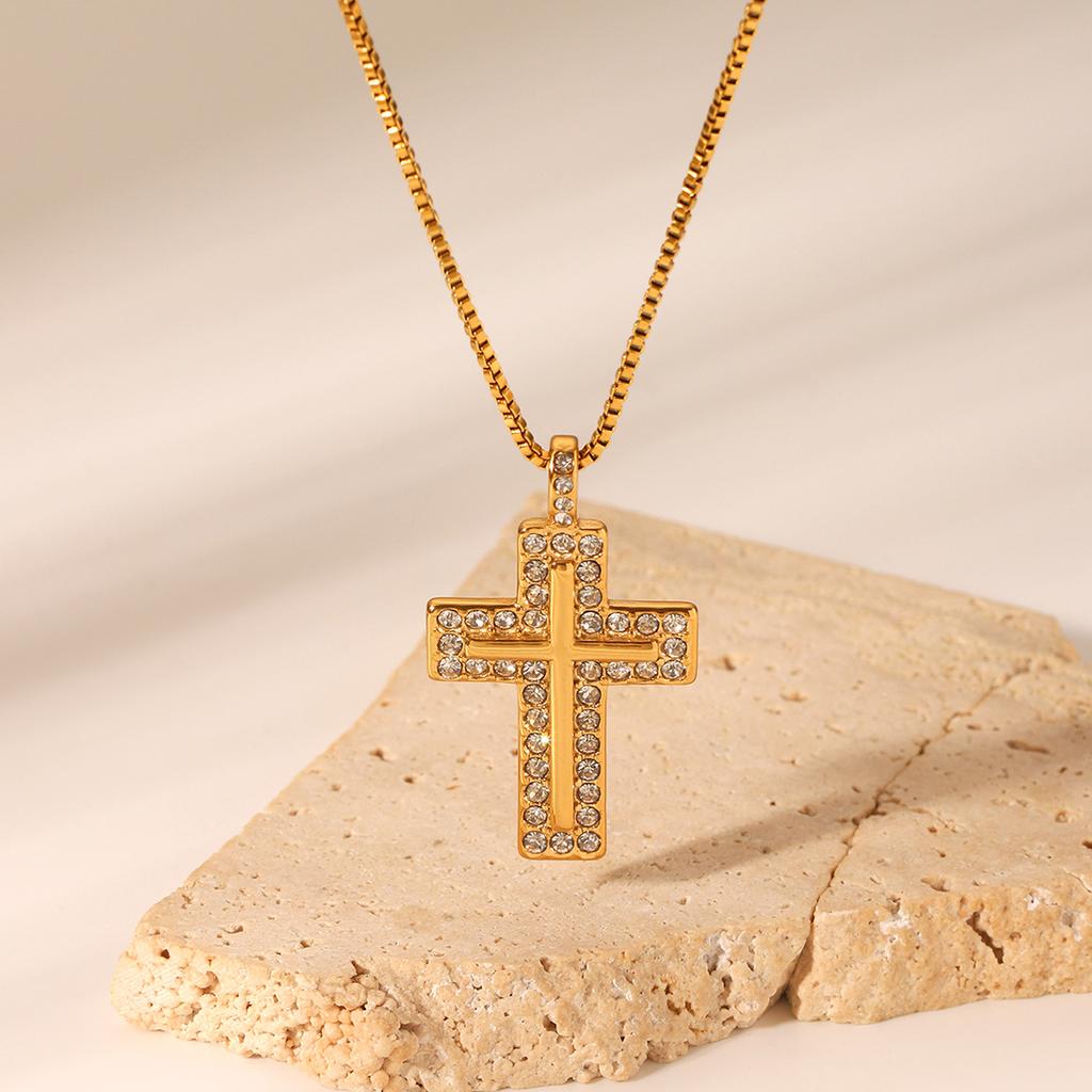 Gold Tone Titanium Steel Cross Pendant Necklace with Diamond Accents Non Tarnish Elegant Collarbone Chain