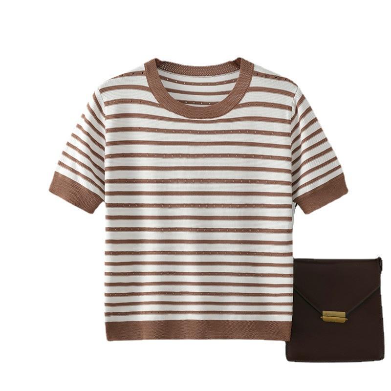 Women Round Neck Streak Short Sleeve Loose T-shirt Summer Trendy Style Comfortable Casual T-shirt Knitted Ice Silk T-shirt