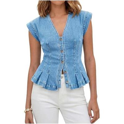 Damen V-Ausschnitt Schlank Ärmellos Denim Tanktops Einreihig Jeans Weste Top Damen Lässig Kurze Weste Streetwear Westen