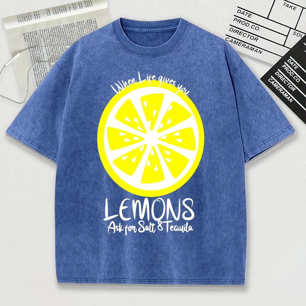 When Life Give You Lemons Pattern Washed Men T Shirt Summer Trendy Tee Shirts Soft Cotton O-Neck Short Unisex Loose Top