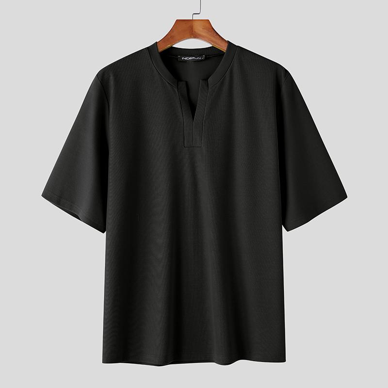 INCERUN Summer Men's V Neck Short Sleeve Texture Casual T-shirts Tops