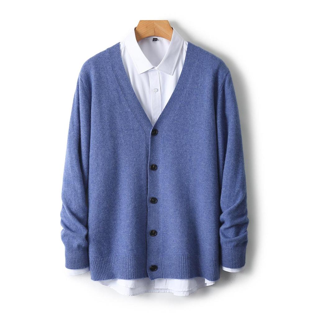 Men's V-neck Wool Cardigan: Autumn/Winter Business Casual Solid Color Long Sleeve, Warm Loose Knit Outerwear.