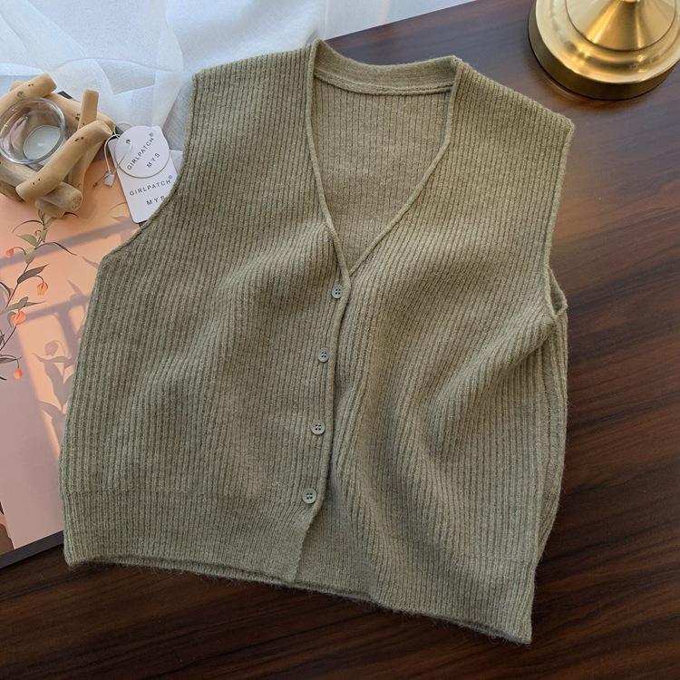 Autumn 2025 Korean Style V-Neck Loose Fit Sleeveless Cardigan Vest