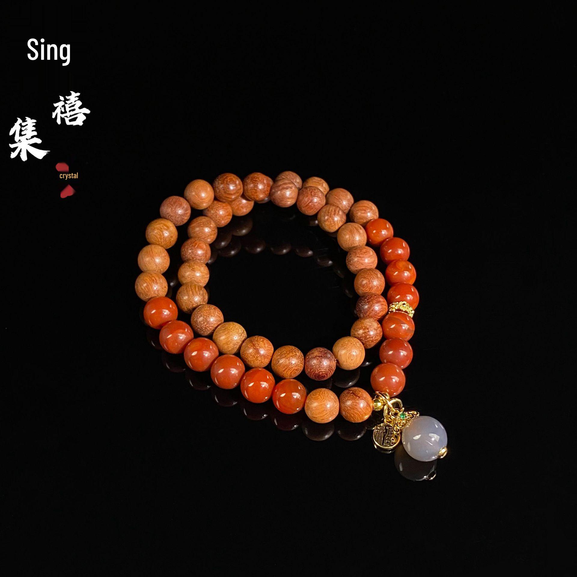 Jingxi Crystal Red Agate & Pear Wood Double Loop Bracelet - DIY Creative Mix & Match in New Chinese Style