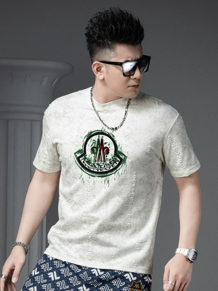 European Men's High-End Printed Sequin Short-Sleeve T-Shirt Trendy Brand Ripped 2025 New Summer Half-Sleeve Top for Men