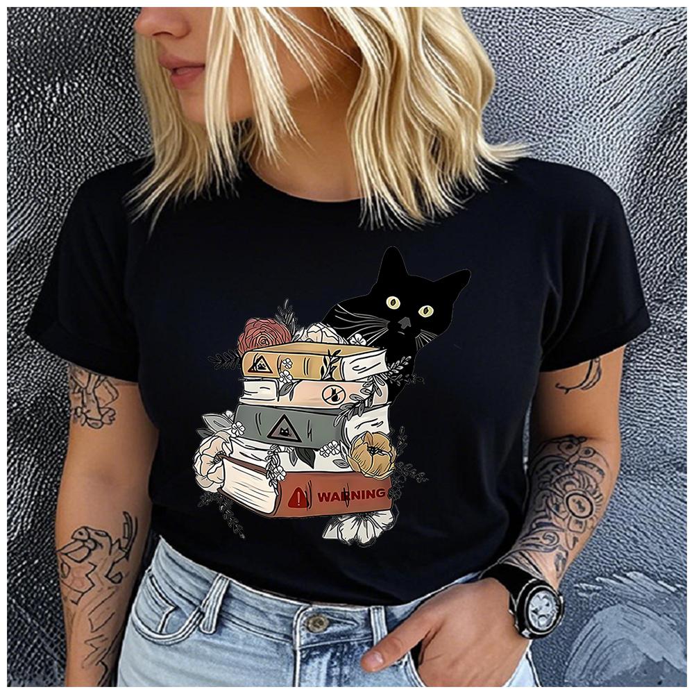Unisex 100% Polyester Black Cat Print T-Shirt Loose Round Neck Casual Short Sleeve Fashion Top for Summer Vintage Artistic Style
