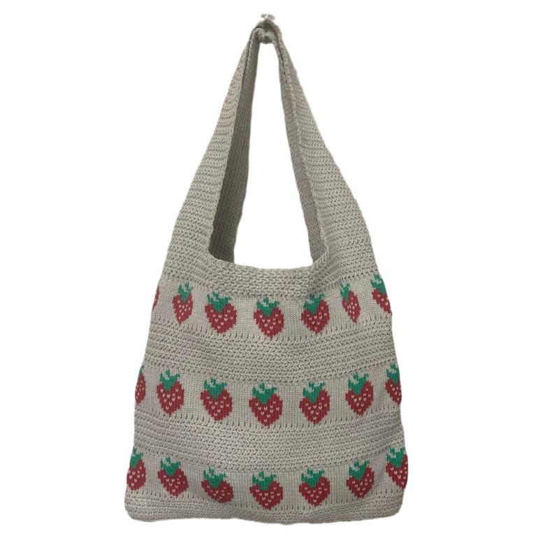 Popular tote bag strawberry pattern knitted crochet bag durable large capacity women's handbag