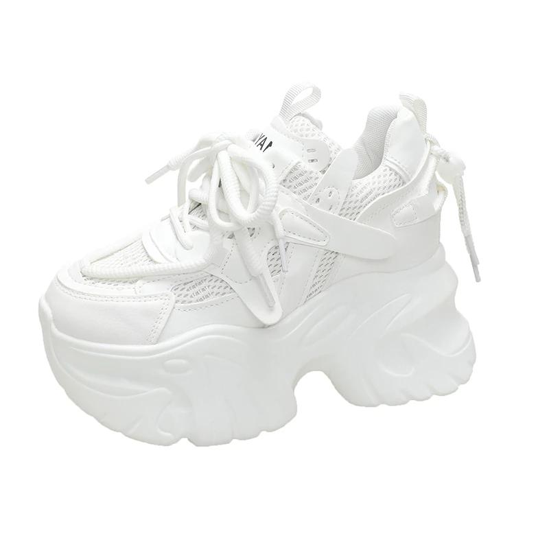 Fashion 9.5cm Autumn Spring Chunky Sneakers Women Lace Up Non-slip Platform Sports Shoes Thick Bottom Shoes Female Heels Casual Sneakers