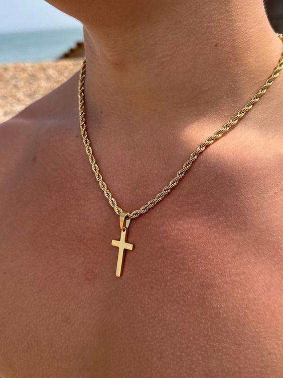 Goldfarbene Kreuz-Halsketten für Männer und Jungen, Edelstahl-Anhänger-Halsketten mit 50cm gedrehter Seilkette, Schmuckgeschenk für Strand und Surfen