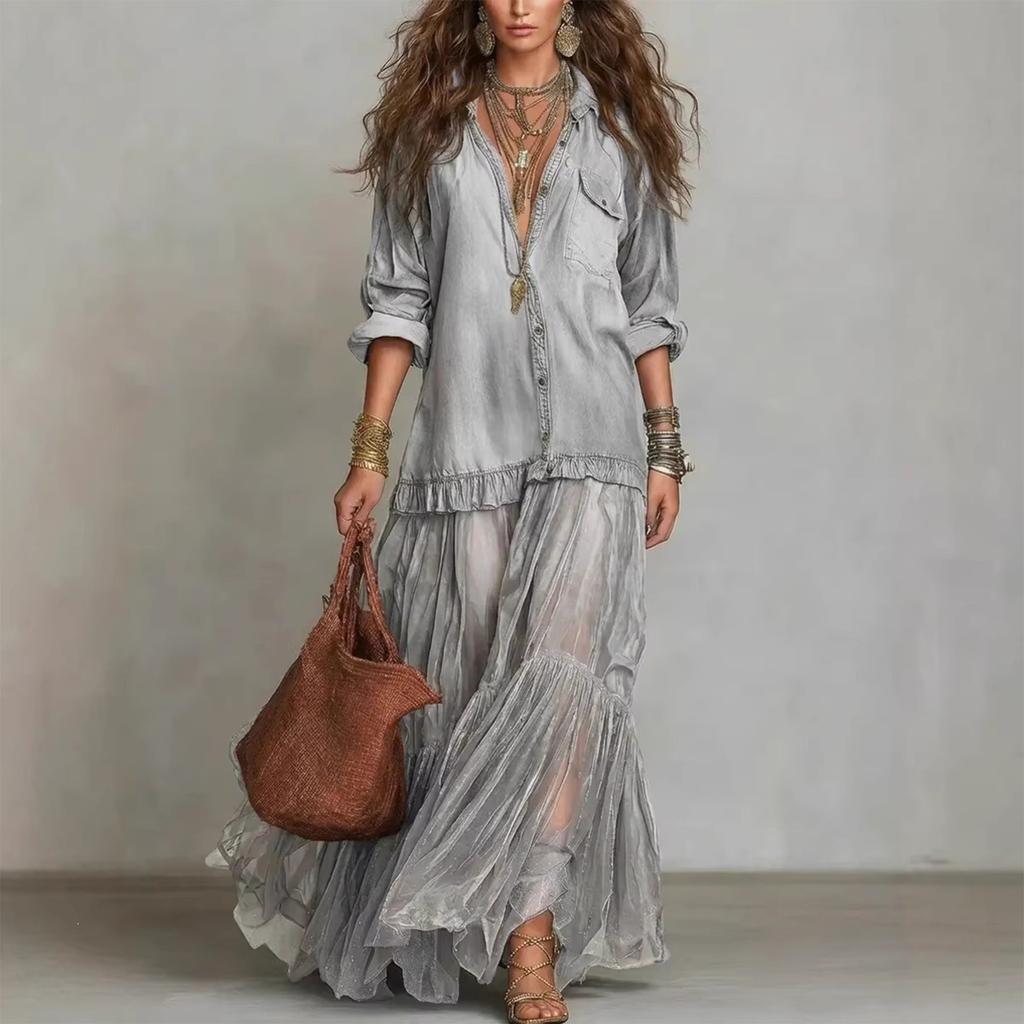 Women's Retro Faux Denim Long Sleeve Midi Dress with Pockets – Color Lapel Collar for Casual Everyday Wear
