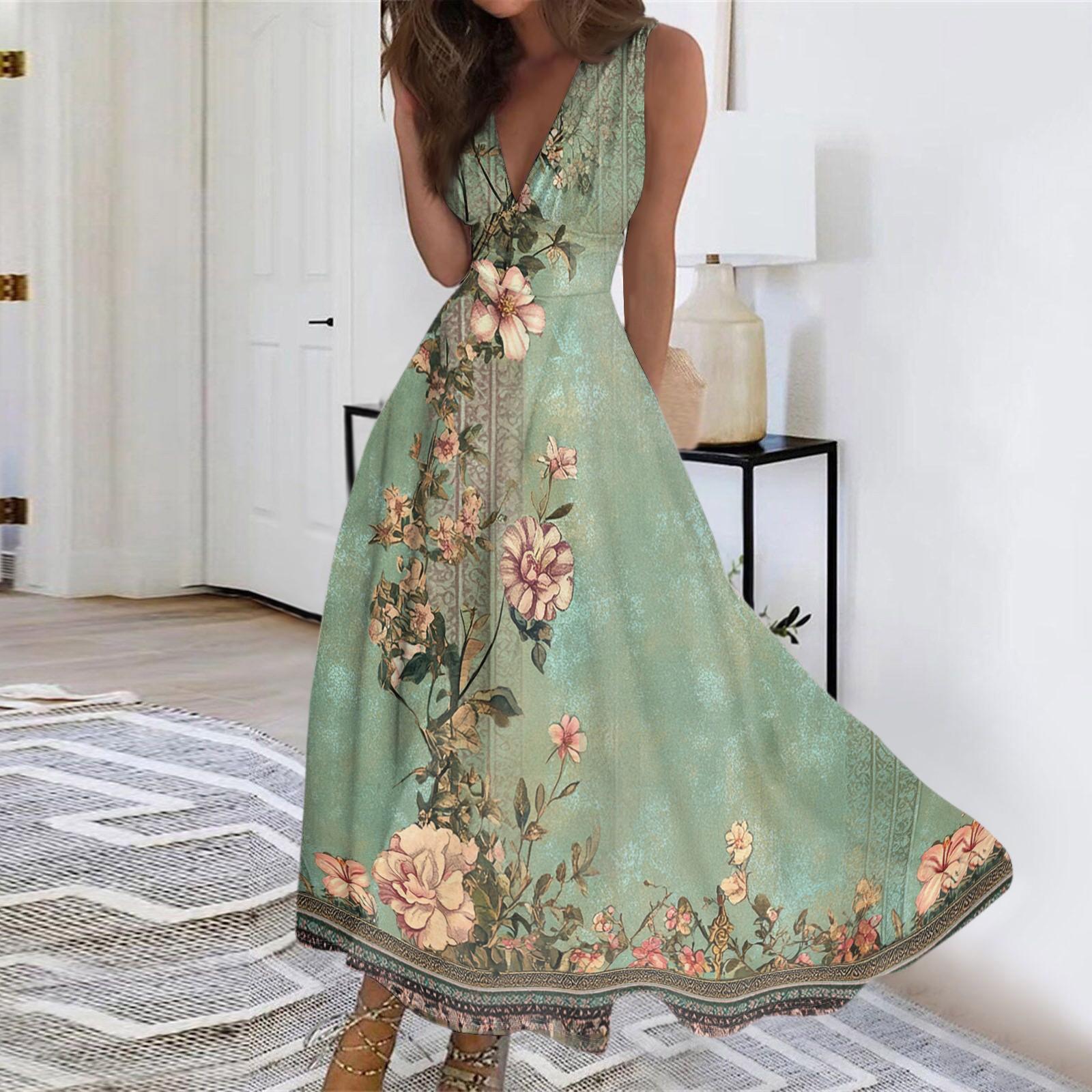 Women s Summer Fashion Retro Print V-Neck Sleeveless Long Dress L армия зеленый