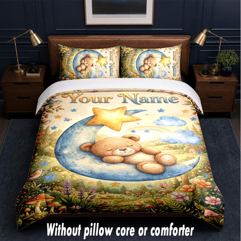 Teddy Bear Theme Custom Text Or Name 3Pcs Bedding Set,1 Flat Sheet & 2 Pillowcases Personalized Home Bedding