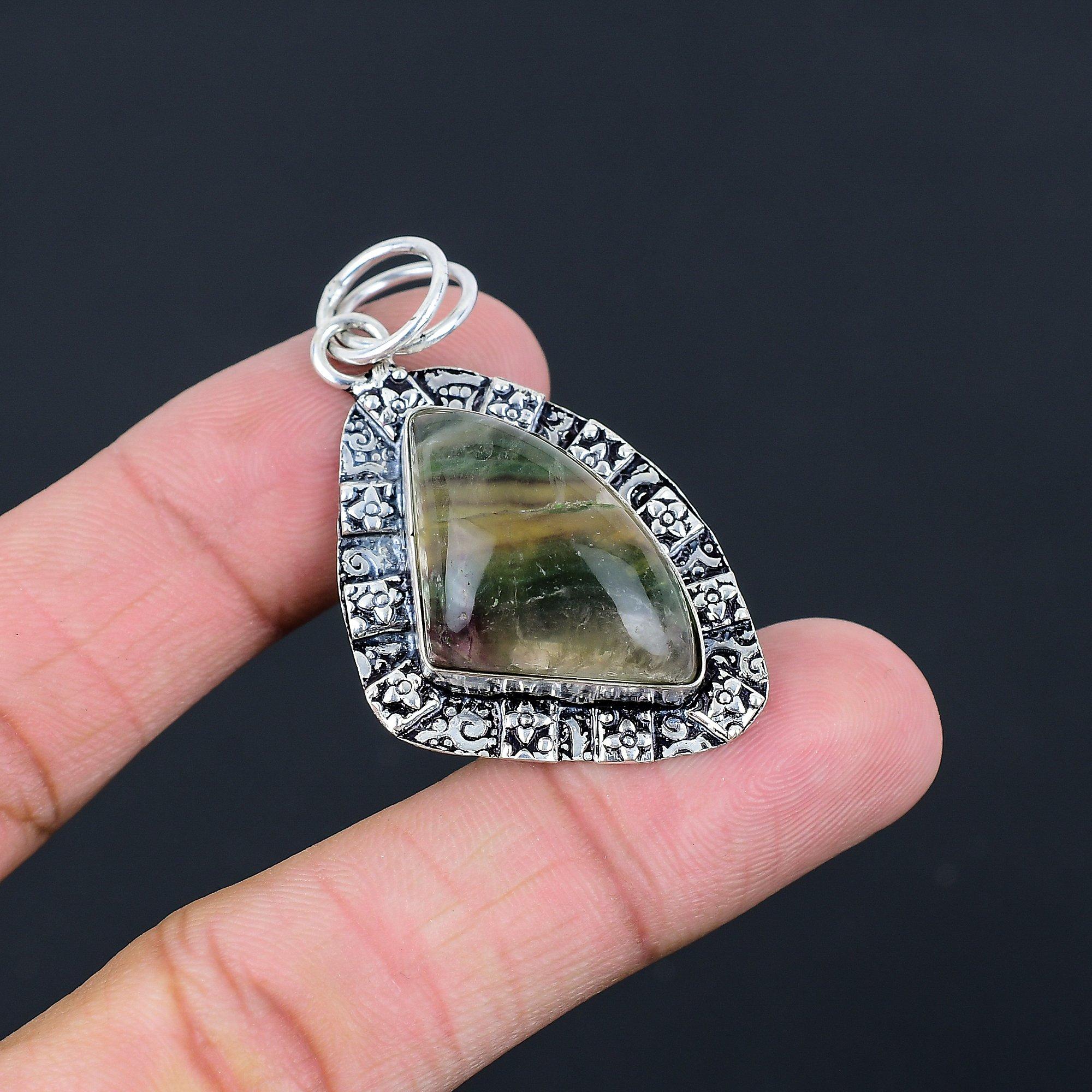 Trillion Natural Multi Fluorite 925 Sterling Silver Anniversary Art Deco Pendant